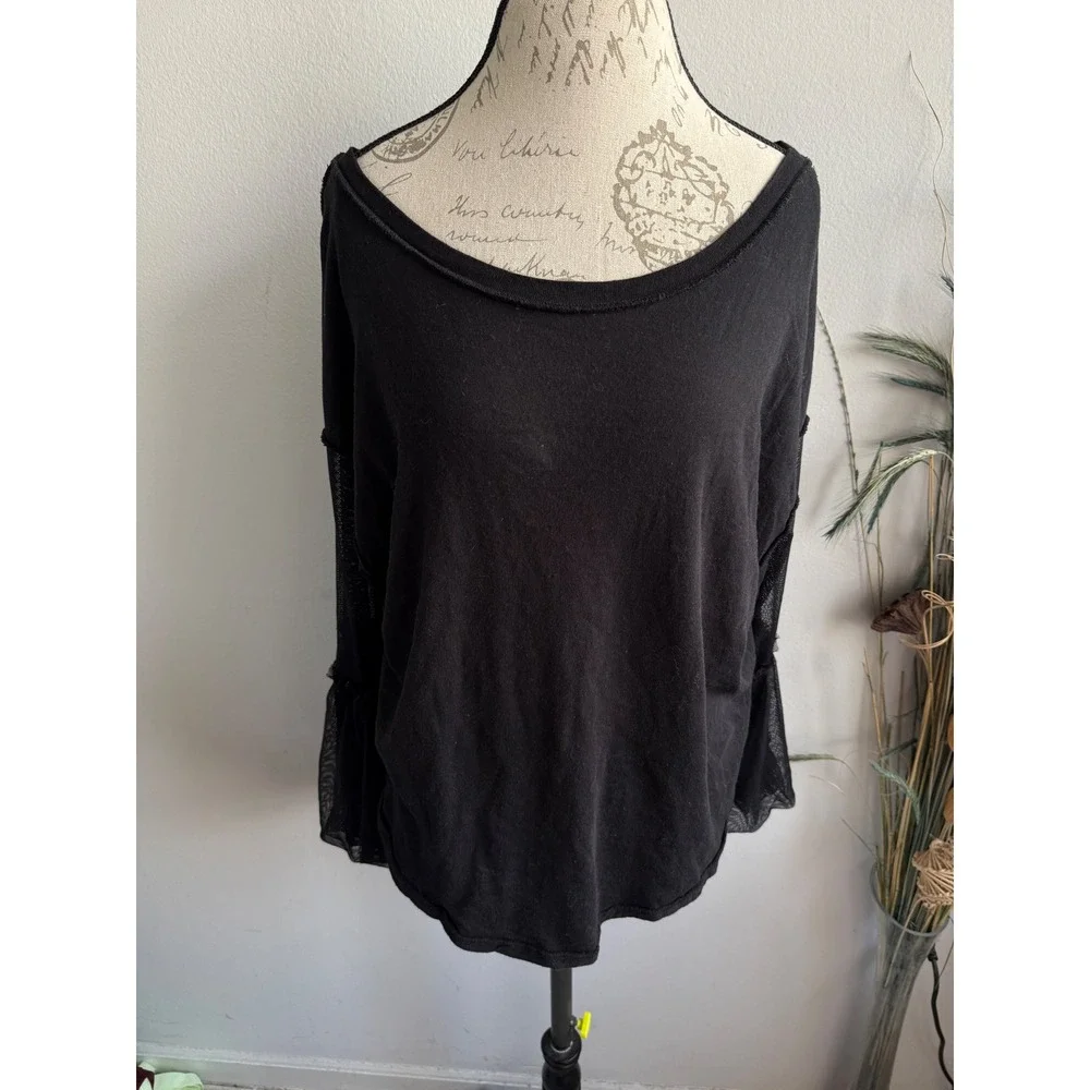 Free People Womens XS Black Mesh Bell Sleeve Cotton Scoop Neck Boho Top 2813‎